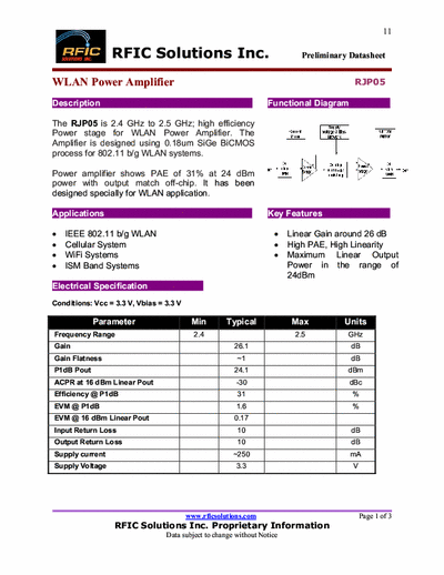 Rficsolutions Inc. RJP05 The RJP05 is 2.4 GHz to 2.5 GHz; high efficiency
Power stage for WLAN Power Amplifier. The
Amplifier is designed using 0.18um SiGe BiCMOS
process for 802.11 b/g WLAN systems.
Power amplifier shows PAE of 31% at 24 dBm
power with output match off-chip. It has been
designed specially for WLAN application.